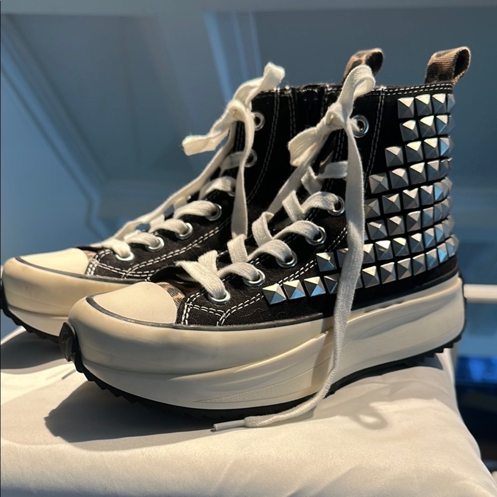 Steve Madden Black and White Studded Sneakers with leopard print